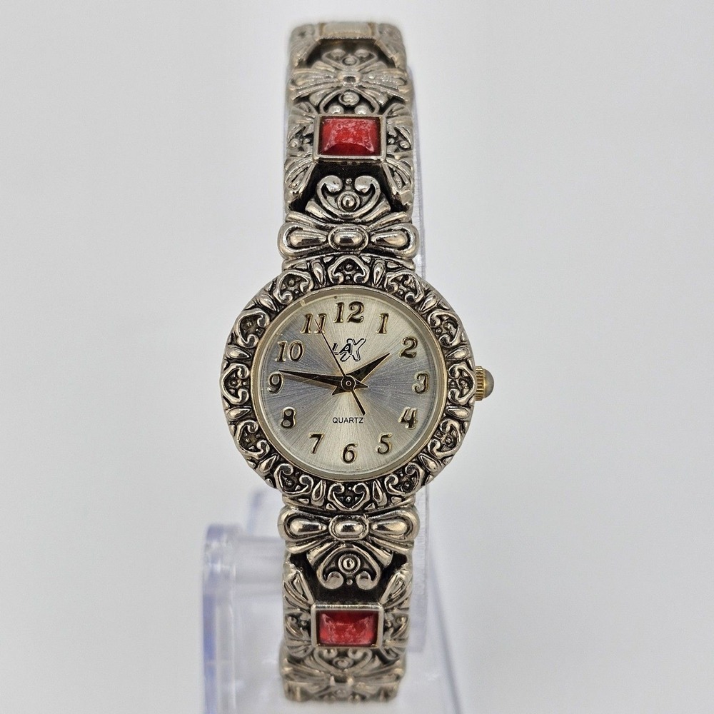 LaX Watch Women‎ 25MM Bronze Tone Dial Bracelet Red Stones 7" Wrist New Battery